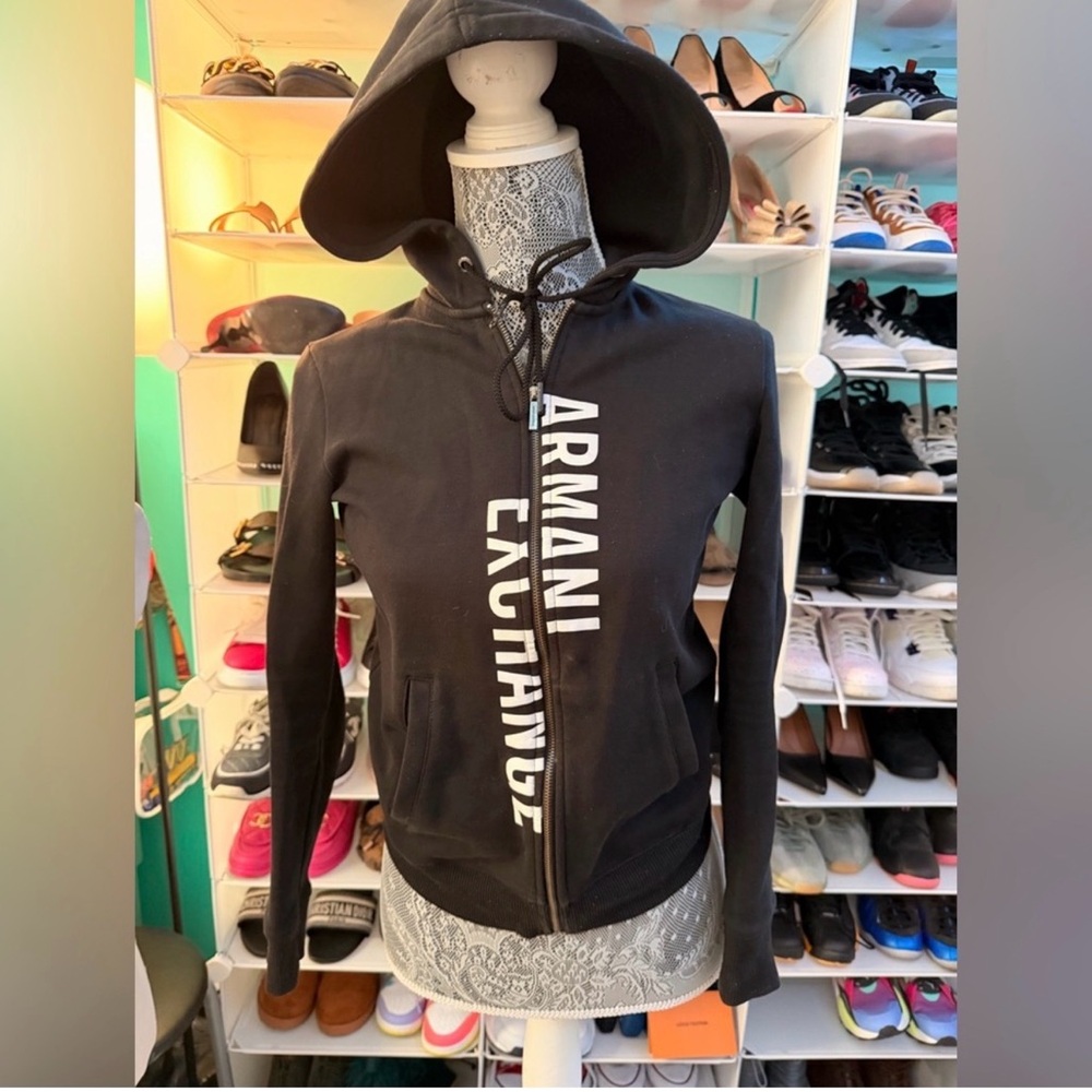 Armani Exchange Black Hooded Zip Jacket with White Vertical Logo